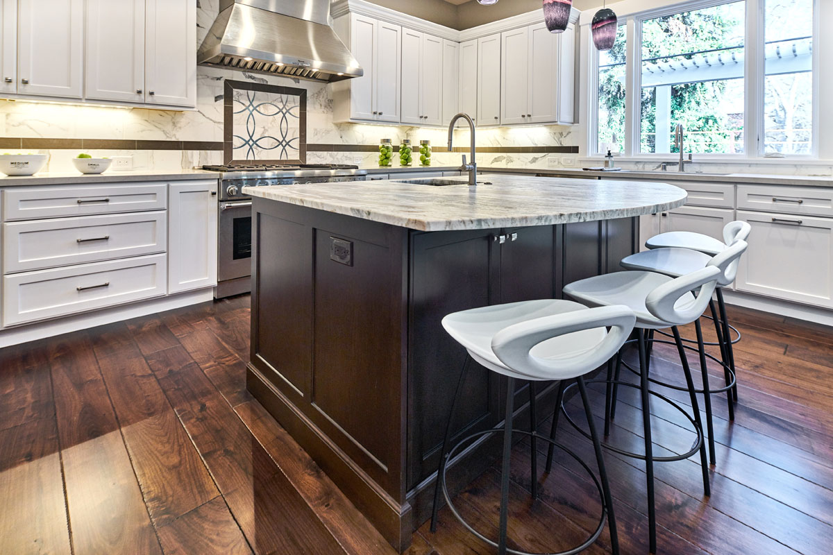 White Traditional Kitchen with Woodland Island