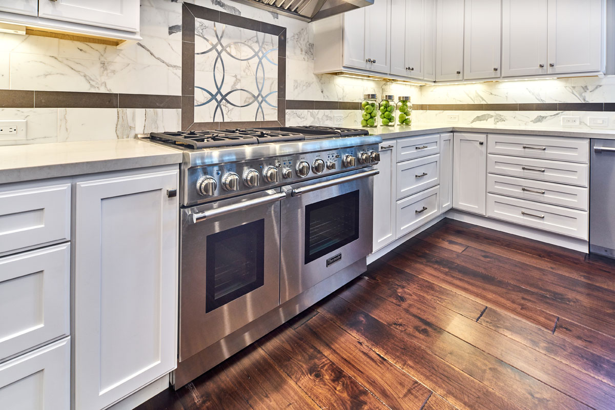 White Traditional Kitchen with Woodland Island
