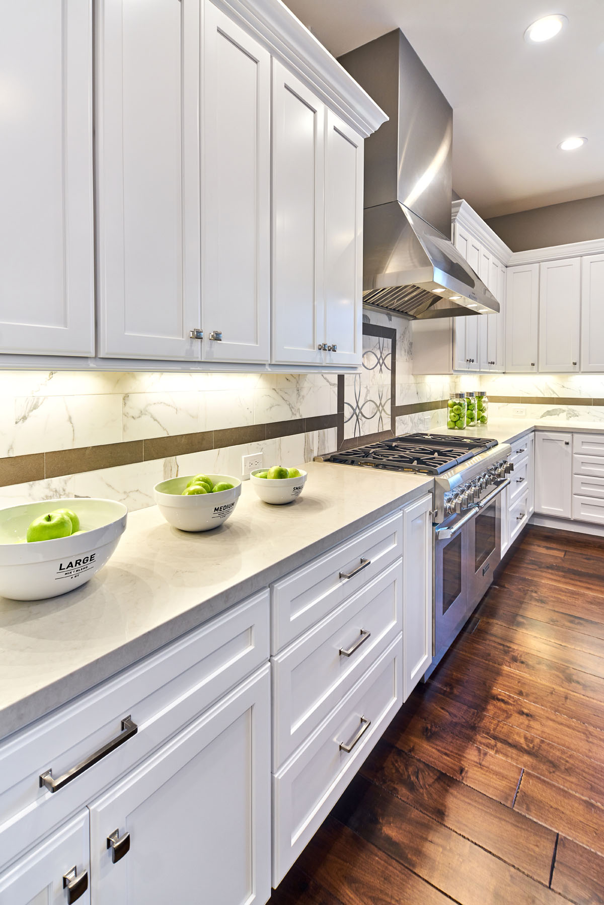 White Traditional Kitchen with Woodland Island