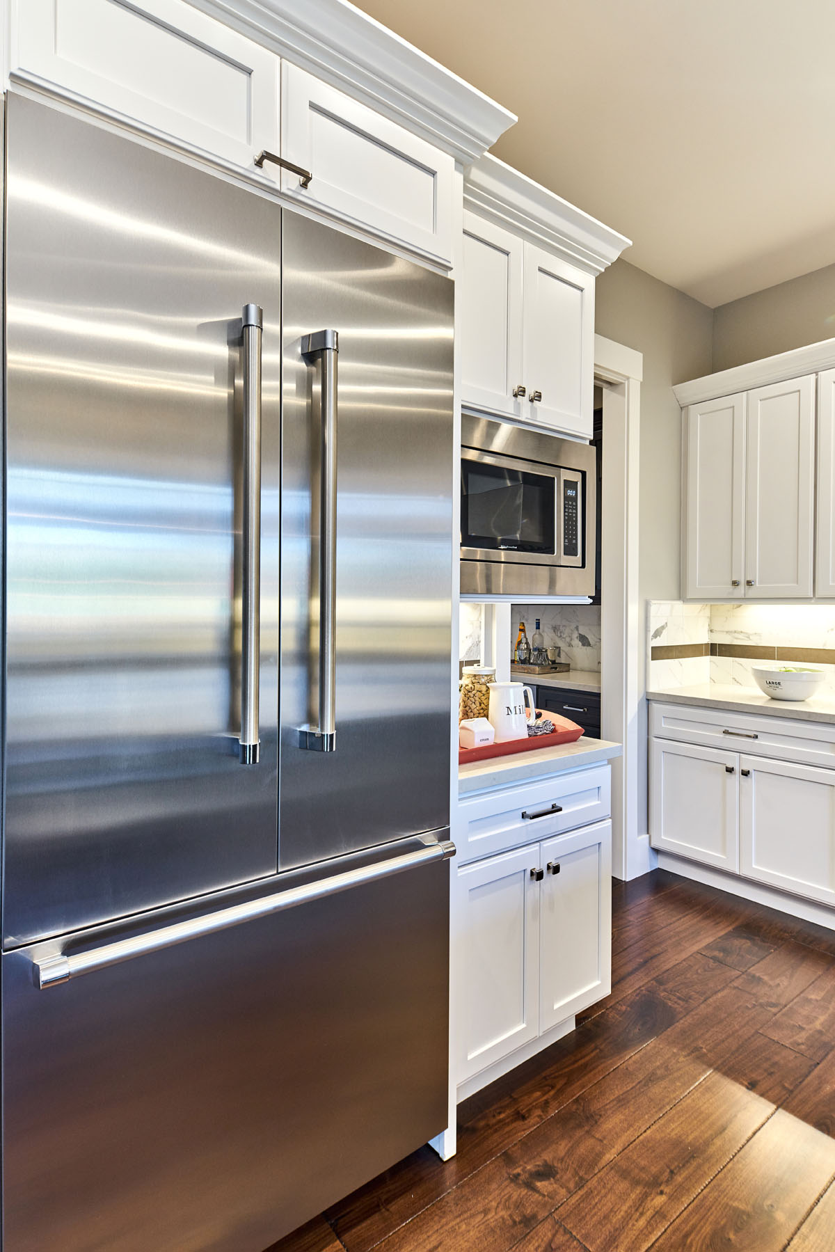White Traditional Kitchen with Woodland Island