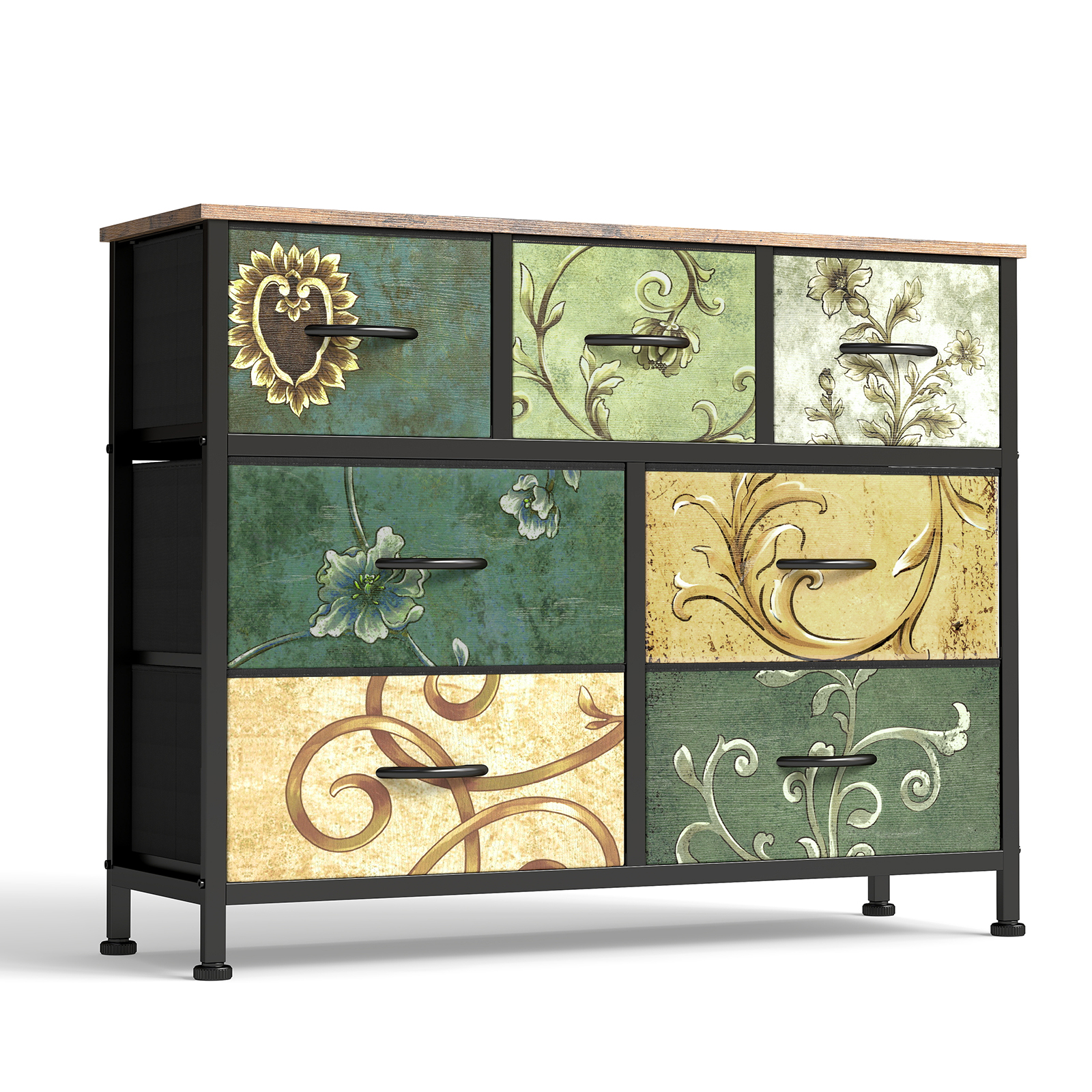 Fabric Drawer Storage Dresser with MDF Top, Metal Frame, Foldable Drawers and Adjustable Feet